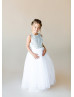 Silver Sequin White Tulle Cross Back Floor Length Flower Girl Dress